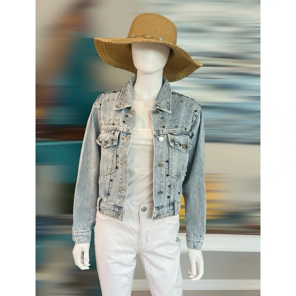 GALITA denim stud crop jean jacket M L - Picture 6 of 8
